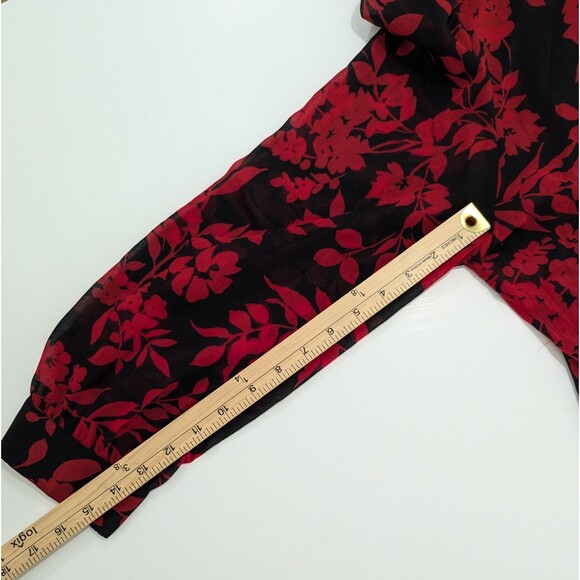 Chico's Red Black Floral Long Sleeve Sheer Ruffle Button Size 3P XL Petite - Picture 9 of 12